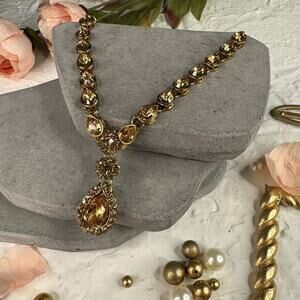 Vintage‎ Style Amber Teardrop Rhinestone Lariat Necklace Gold Tone Adjustable